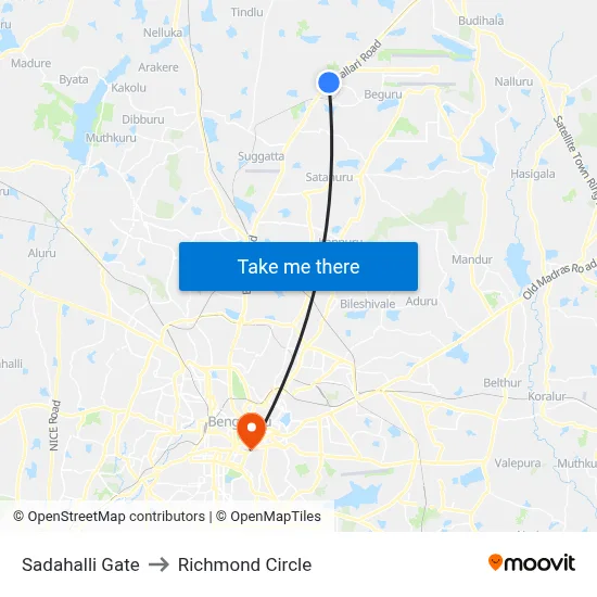 Sadahalli Gate to Richmond Circle map
