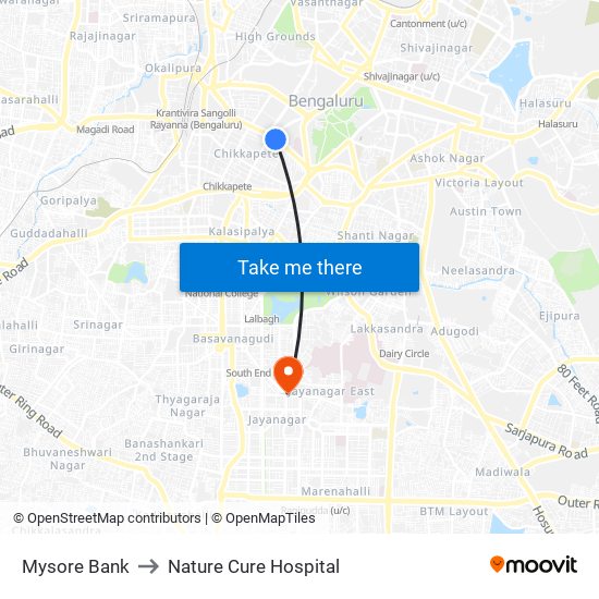 Mysore Bank to Nature Cure Hospital map