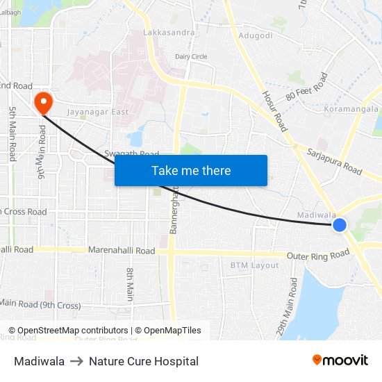 Madiwala to Nature Cure Hospital map