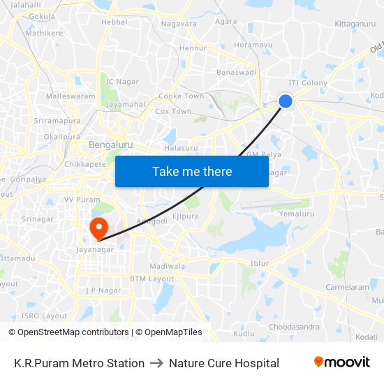 K.R.Puram Metro Station to Nature Cure Hospital map