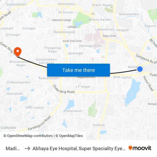 Madiwala to Abhaya Eye Hospital, Super Speciality Eye Care Centre map