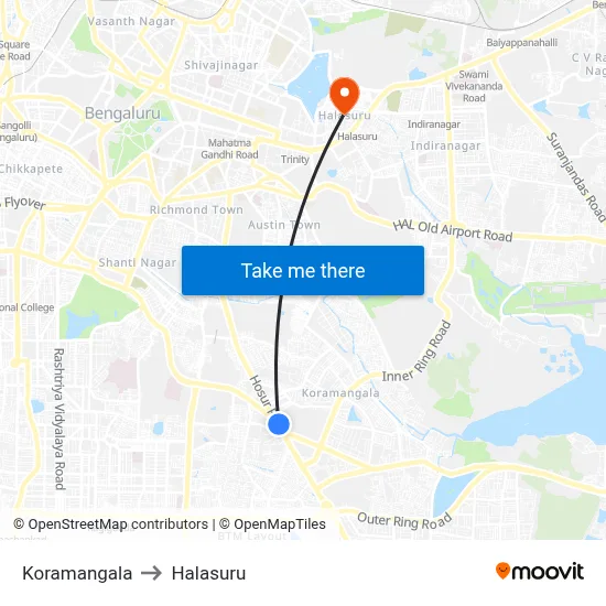 Koramangala to Halasuru map