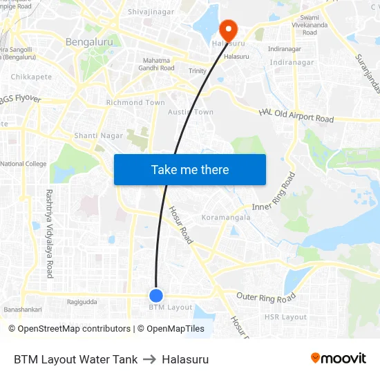 BTM Layout Water Tank to Halasuru map