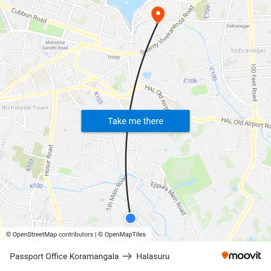 Passport Office Koramangala to Halasuru map