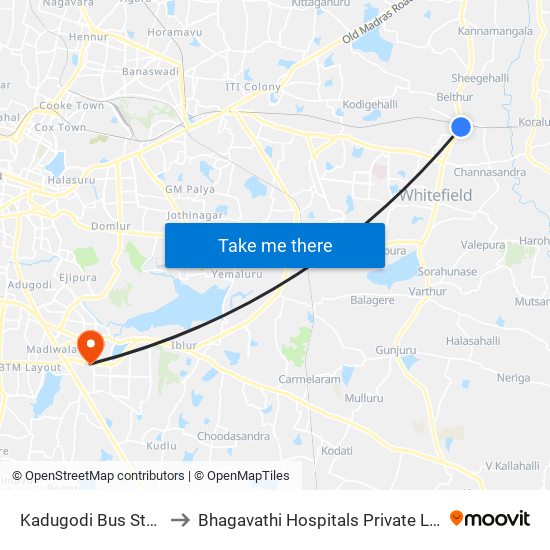 Kadugodi Bus Station to Bhagavathi Hospitals Private Limited map