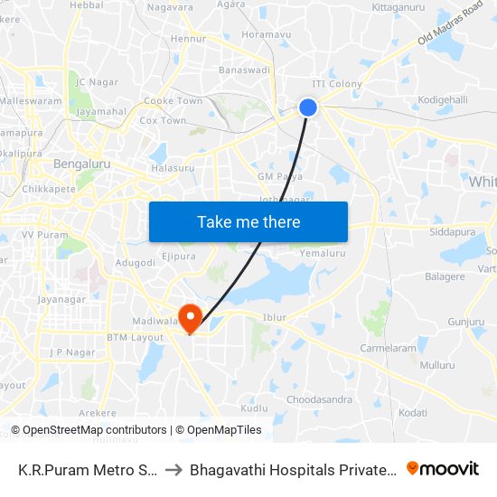 K.R.Puram Metro Station to Bhagavathi Hospitals Private Limited map