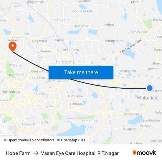 Hope Farm to Vasan Eye Care Hospital, R.T.Nagar map
