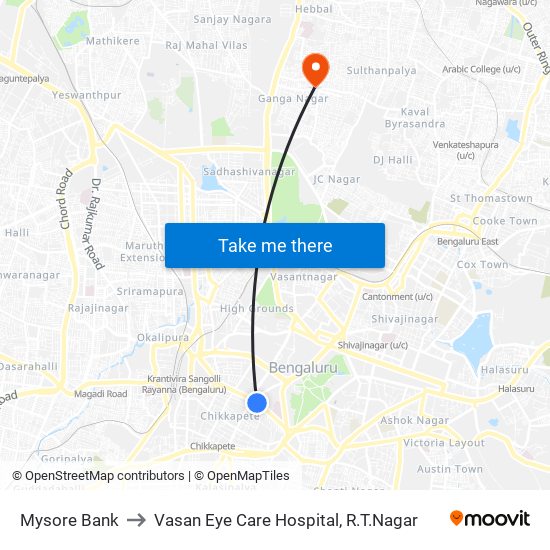Mysore Bank to Vasan Eye Care Hospital, R.T.Nagar map