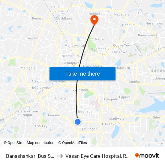 Banashankari Bus Station to Vasan Eye Care Hospital, R.T.Nagar map