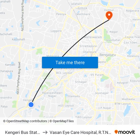 Kengeri Bus Station to Vasan Eye Care Hospital, R.T.Nagar map