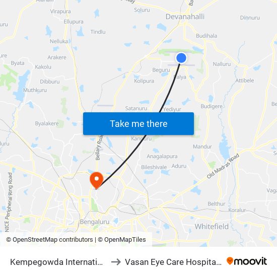 Kempegowda International Airport to Vasan Eye Care Hospital, R.T.Nagar map