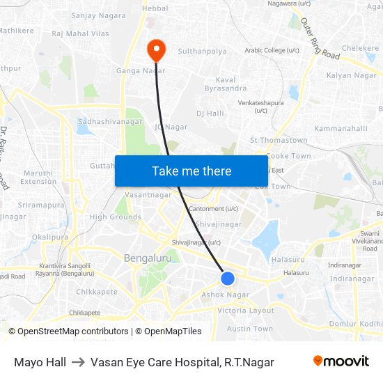 Mayo Hall to Vasan Eye Care Hospital, R.T.Nagar map