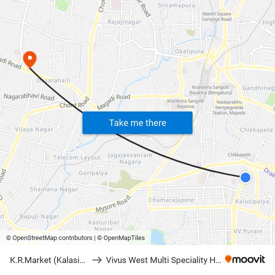 K.R.Market (Kalasipalya) to Vivus West Multi Speciality Hospital map