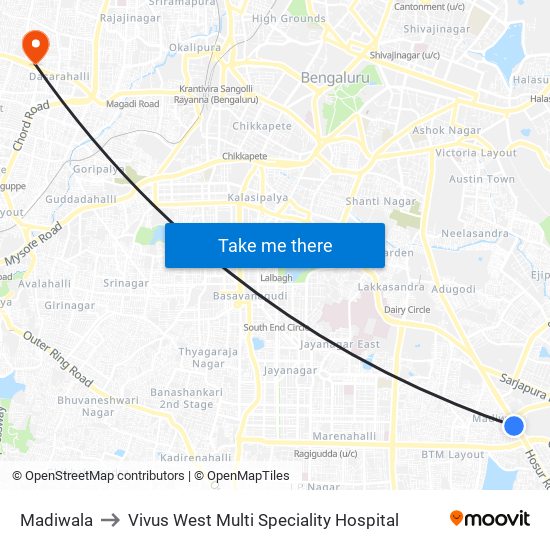 Madiwala to Vivus West Multi Speciality Hospital map