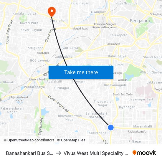 Banashankari Bus Station to Vivus West Multi Speciality Hospital map