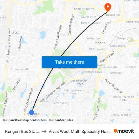 Kengeri Bus Station to Vivus West Multi Speciality Hospital map