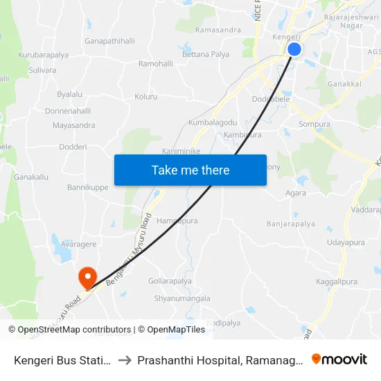 Kengeri Bus Station to Prashanthi Hospital, Ramanagara map