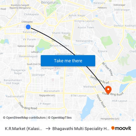 K.R.Market (Kalasipalya) to Bhagavathi Multi Speciality Hospital map