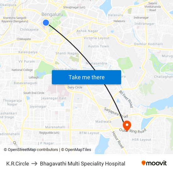 K.R.Circle to Bhagavathi Multi Speciality Hospital map