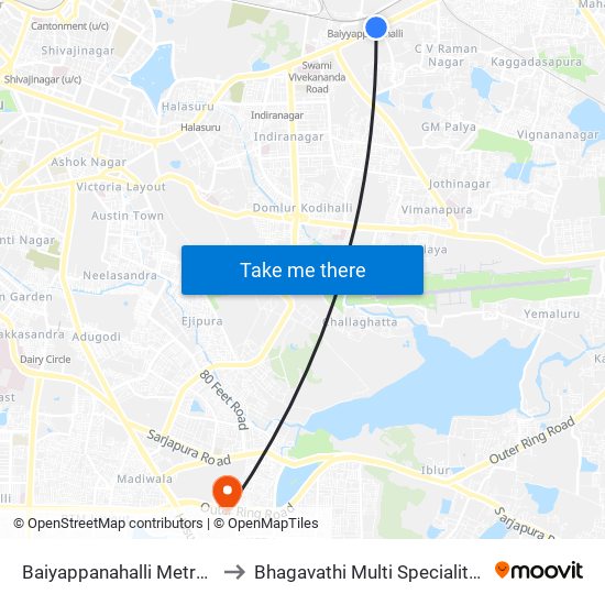 Baiyappanahalli Metro Station to Bhagavathi Multi Speciality Hospital map