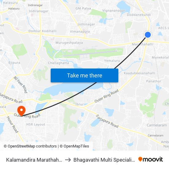 Kalamandira  Marathahalli Bridge to Bhagavathi Multi Speciality Hospital map