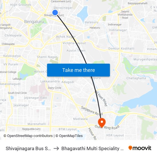 Shivajinagara Bus Station to Bhagavathi Multi Speciality Hospital map