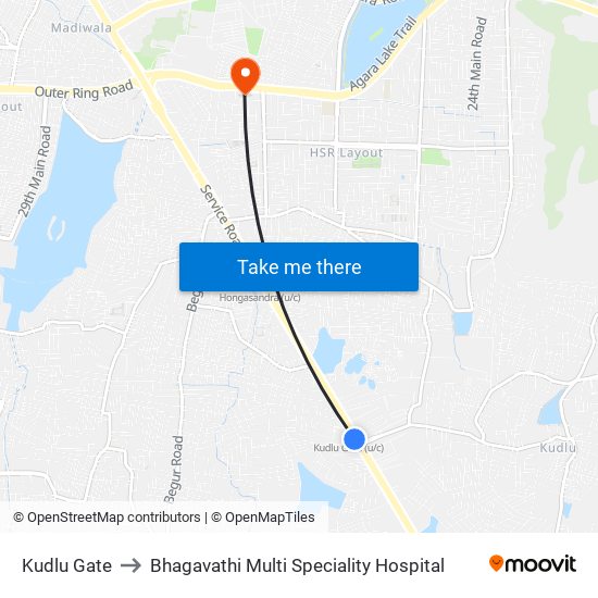 Kudlu Gate to Bhagavathi Multi Speciality Hospital map