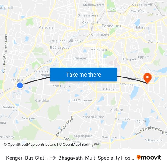 Kengeri Bus Station to Bhagavathi Multi Speciality Hospital map