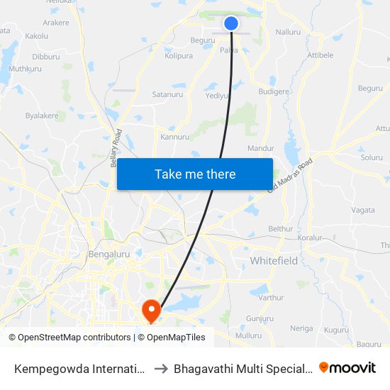 Kempegowda International Airport to Bhagavathi Multi Speciality Hospital map