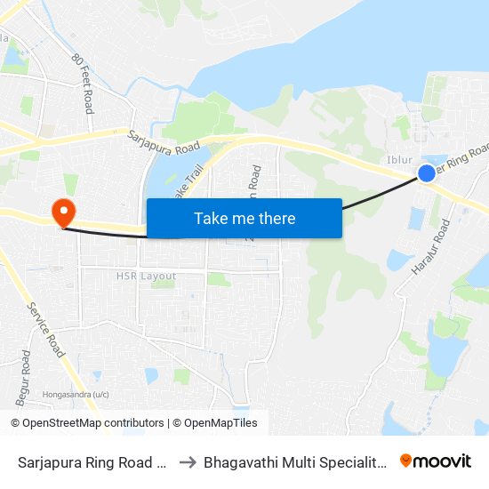 Sarjapura Ring Road Junction to Bhagavathi Multi Speciality Hospital map