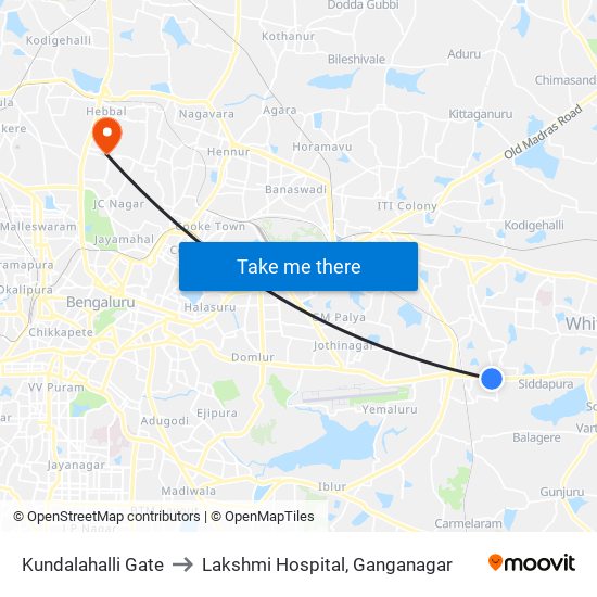 Kundalahalli Gate to Lakshmi Hospital, Ganganagar map