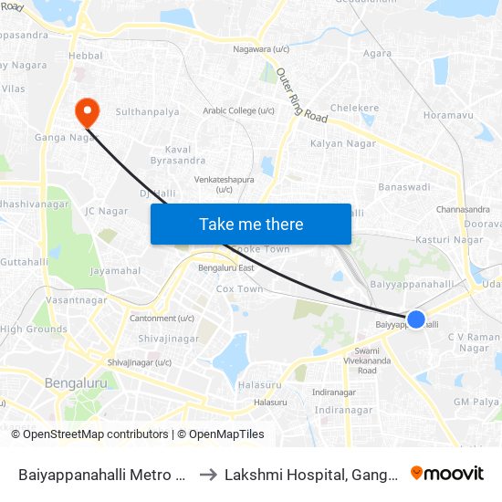 Baiyappanahalli Metro Station to Lakshmi Hospital, Ganganagar map