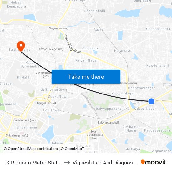K.R.Puram Metro Station to Vignesh Lab And Diagnostics map