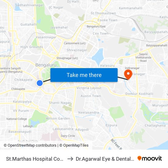 St.Marthas Hospital Corporation to Dr.Agarwal Eye & Dental Hospital map