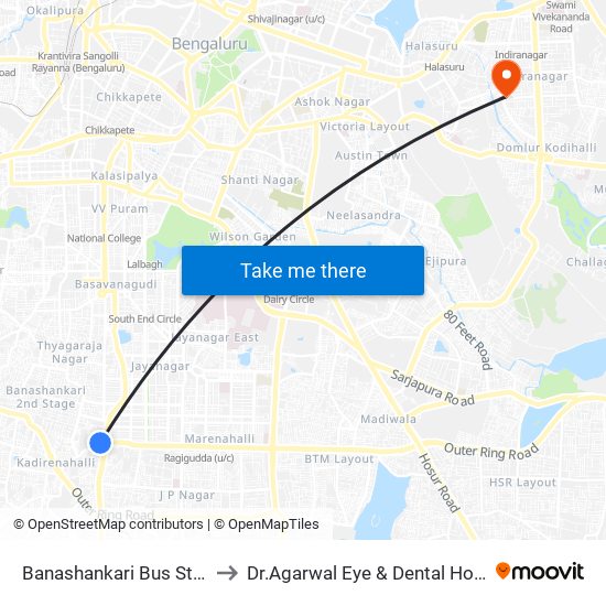Banashankari Bus Station to Dr.Agarwal Eye & Dental Hospital map