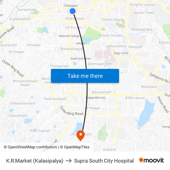 K.R.Market (Kalasipalya) to Supra South City Hospital map