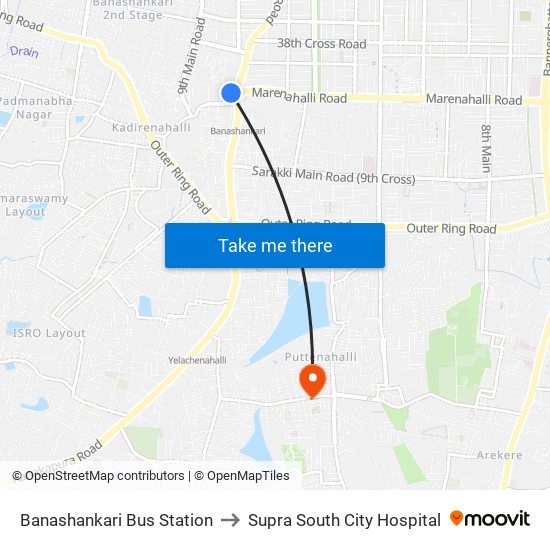 Banashankari Bus Station to Supra South City Hospital map