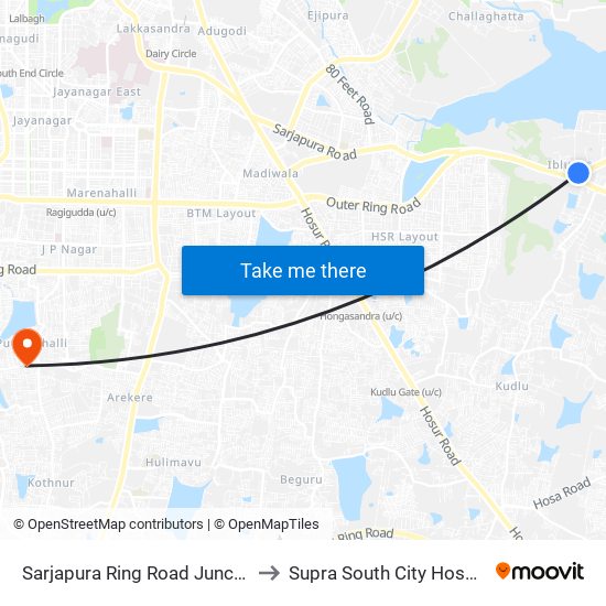 Sarjapura Ring Road Junction to Supra South City Hospital map
