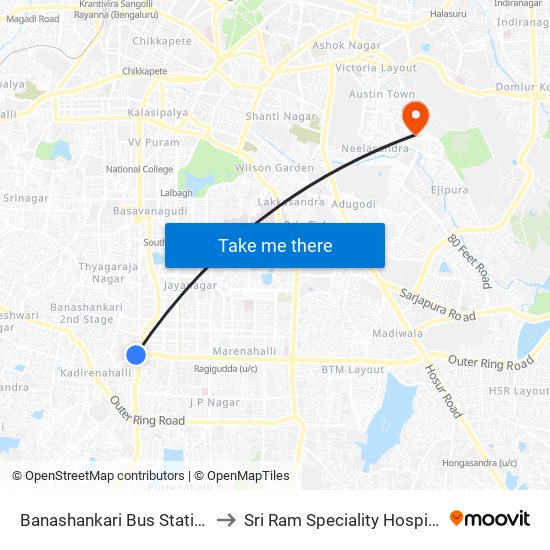 Banashankari Bus Station to Sri Ram Speciality Hospital map