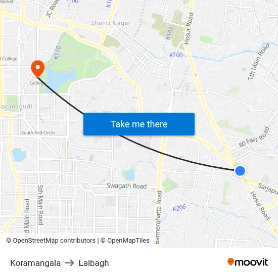 Koramangala to Lalbagh map
