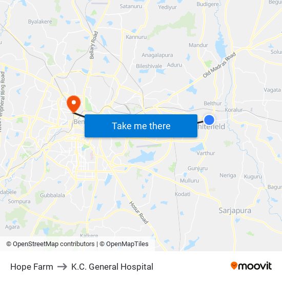 Hope Farm to K.C. General Hospital map