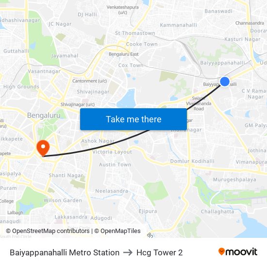 Baiyappanahalli Metro Station to Hcg Tower 2 map