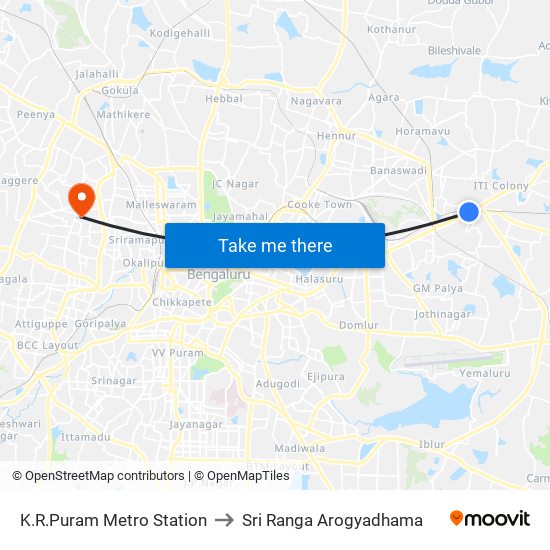 K.R.Puram Metro Station to Sri Ranga Arogyadhama map