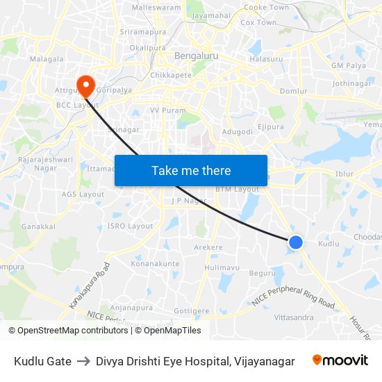 Kudlu Gate to Divya Drishti Eye Hospital, Vijayanagar map