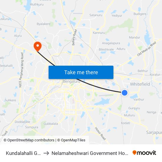 Kundalahalli Gate to Nelamaheshwari Government Hospital map