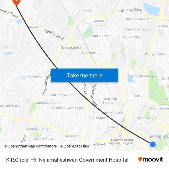 K.R.Circle to Nelamaheshwari Government Hospital map