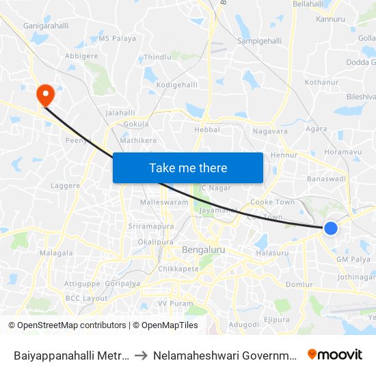 Baiyappanahalli Metro Station to Nelamaheshwari Government Hospital map
