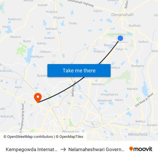 Kempegowda International Airport to Nelamaheshwari Government Hospital map