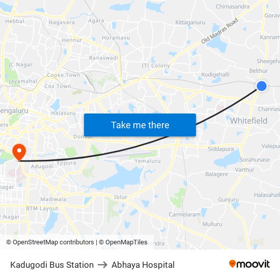 Kadugodi Bus Station to Abhaya Hospital map