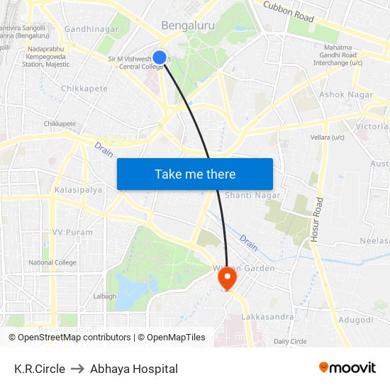 K.R.Circle to Abhaya Hospital map
